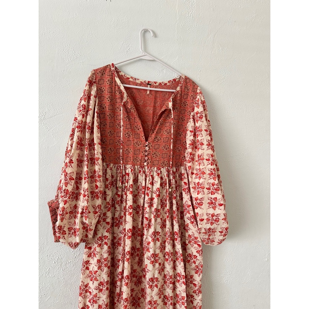 Free People Rare Feelings Maxi Dress Red Floral Boho Balloon Sleeve Size L - Picture 3 of 7